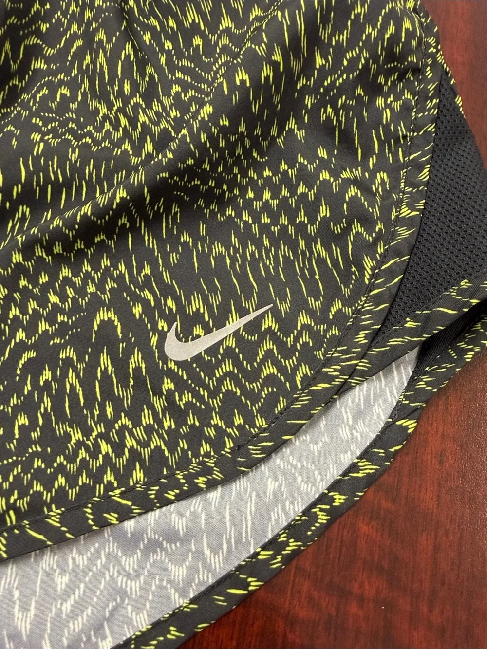 Nike Women’s Black and Neon Green Patterned Athletic Shorts